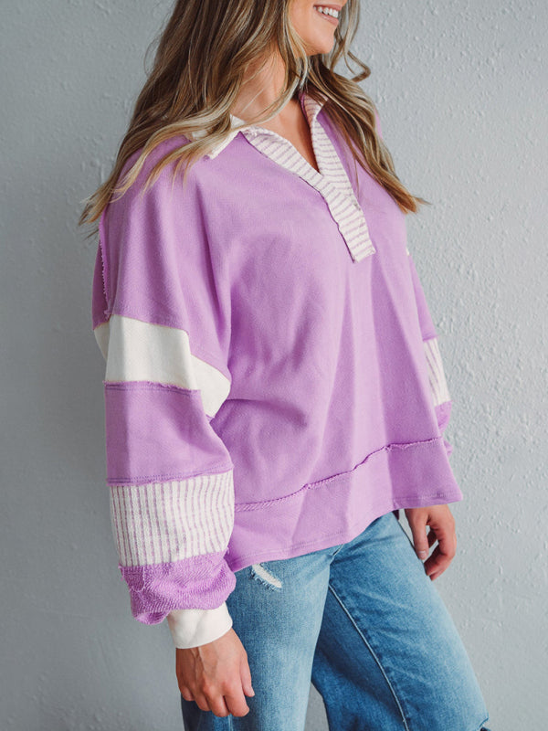 Women's Sweatshirt OversizedPolo Neck Striped Colorblocking Top