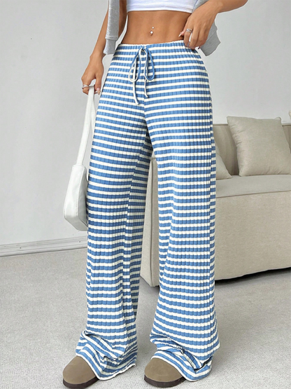 Women's new casual striped solid color rubber band drawstring straight leg pants