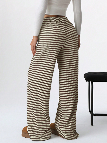 Women's new casual striped solid color rubber band drawstring straight leg pants