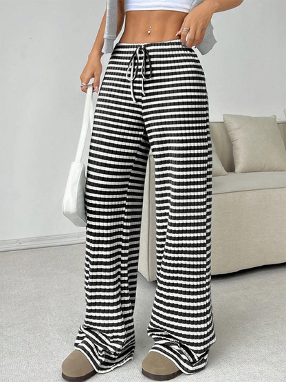 Women's new casual striped solid color rubber band drawstring straight leg pants