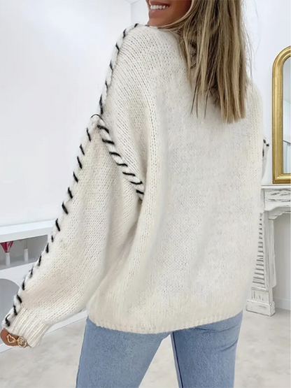 Women's Fashion Pullover Solid Color Round Neck Long Sleeve Drawstring Loose Knitted Sweater