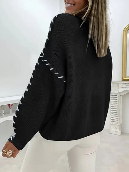 Women's Fashion Pullover Solid Color Round Neck Long Sleeve Drawstring Loose Knitted Sweater