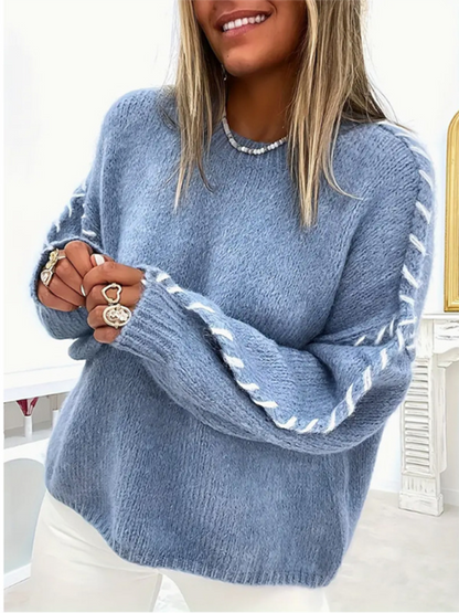 Women's Fashion Pullover Solid Color Round Neck Long Sleeve Drawstring Loose Knitted Sweater