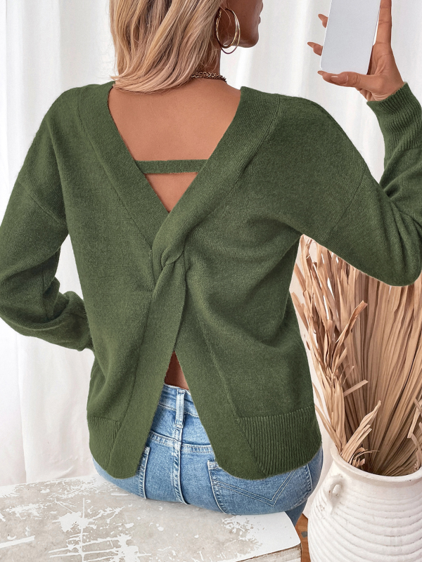 New Women's Loose Knitted V-Neck Open Back Slit Sweater