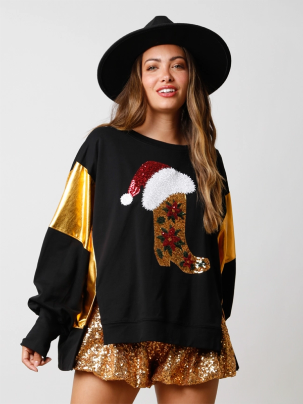 Women's Christmas Sequin Long Sleeve Top Pullover Casual Sweatshirt