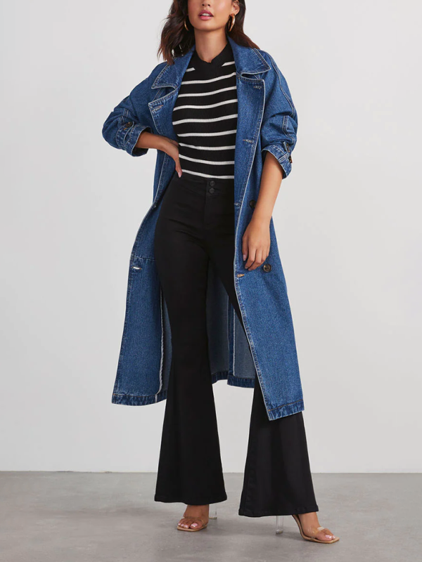 Veste coupe-vent en denim et coton pour femme, couleur unie, doubles poches, longue veste ample à boutons 