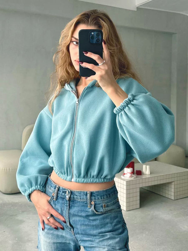 Casual Women's Solid Color Hoodie Long Sleeve Cropped Jacket Zipper Cardigan Sweatshirt