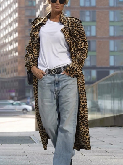 New Leopard Print Lapel Trench Coat Loose Casual Long Sleeve Women's Jacket