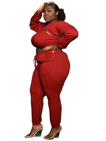 Plus size women's fashion sexy chest opening hollow solid color ribbed three-piece suit