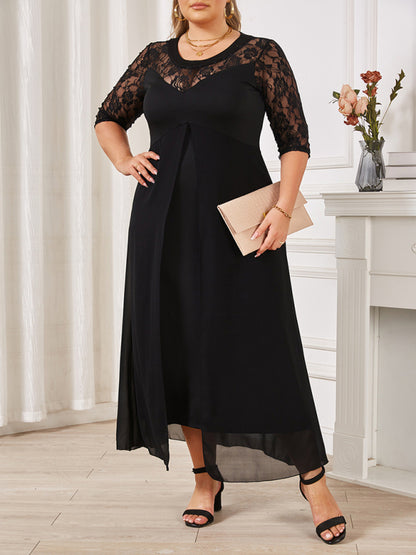 Plus size women's round neck lace splicing V neck half sleeve big swing dress