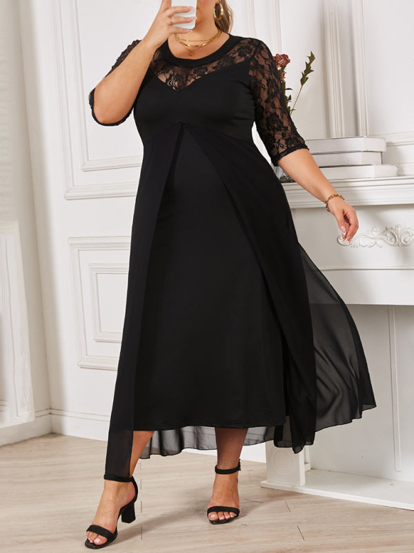 Plus size women's round neck lace splicing V neck half sleeve big swing dress