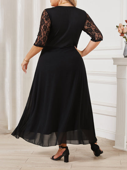 Plus size women's round neck lace splicing V neck half sleeve big swing dress