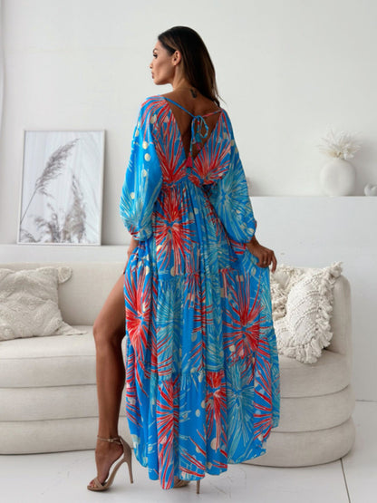 Sexy deep V multi-color printed slit dress with three-quarter sleeves