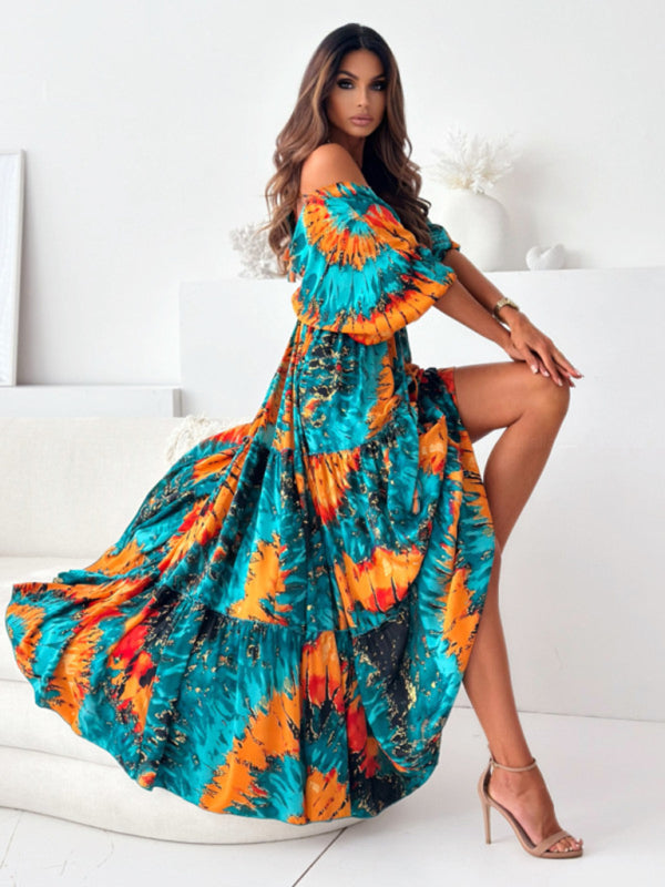 Sexy deep V multi-color printed slit dress with three-quarter sleeves