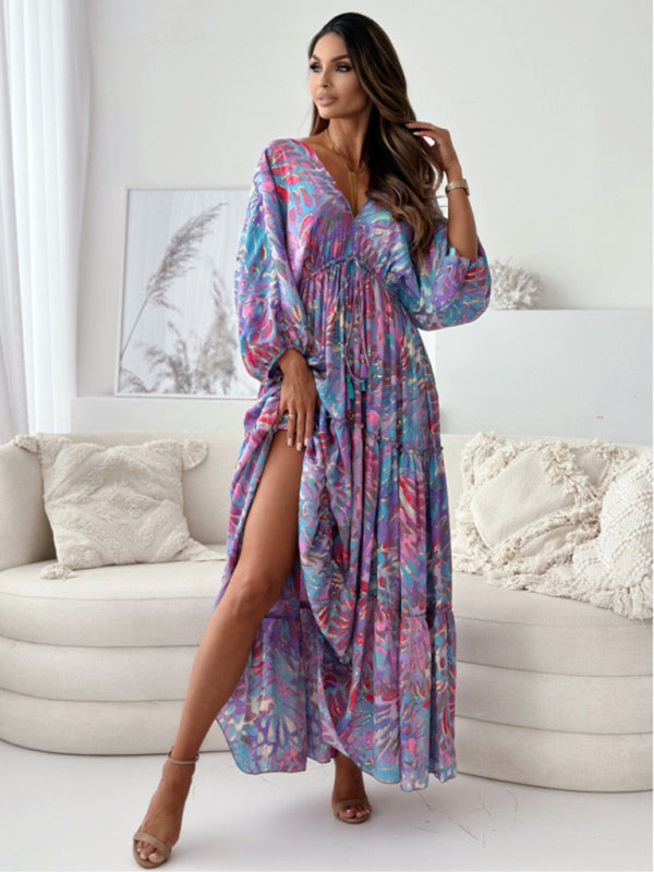 Sexy deep V multi-color printed slit dress with three-quarter sleeves