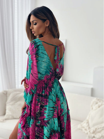 Sexy deep V multi-color printed slit dress with three-quarter sleeves