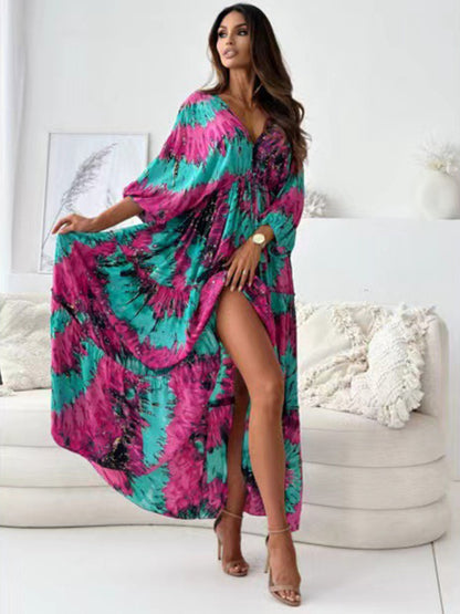 Sexy deep V multi-color printed slit dress with three-quarter sleeves