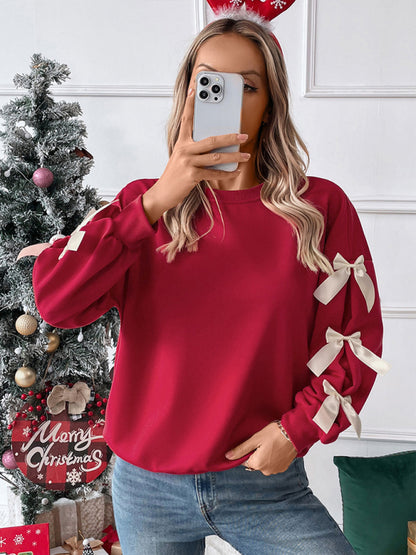 New Round Neck Bow Red Christmas Sweater