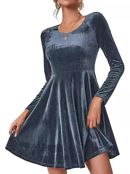 Christmas and New Year new women's long-sleeved round neck velvet dress