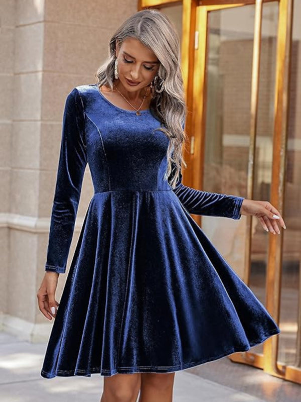 Christmas and New Year new women's long-sleeved round neck velvet dress