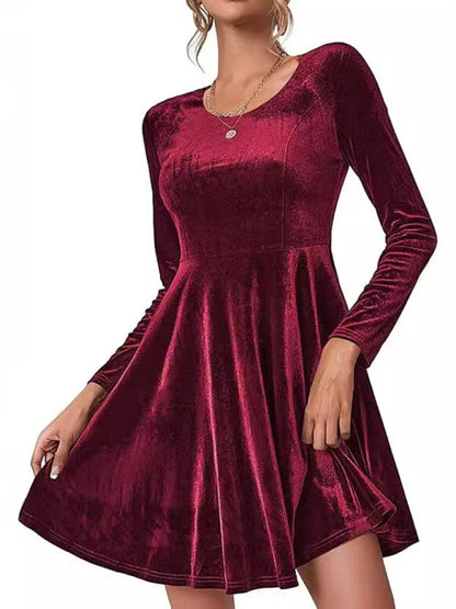 Christmas and New Year new women's long-sleeved round neck velvet dress