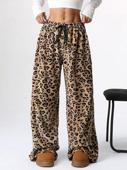 New Casual Pants Leopard Print Lace-Up Wide-Leg Pants