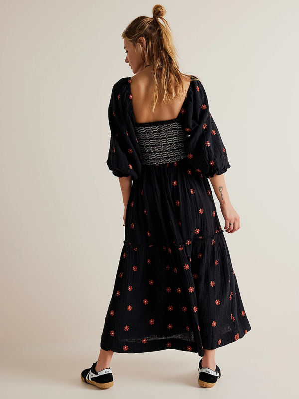 New casual black dress with embroidered square collar and sunflowers