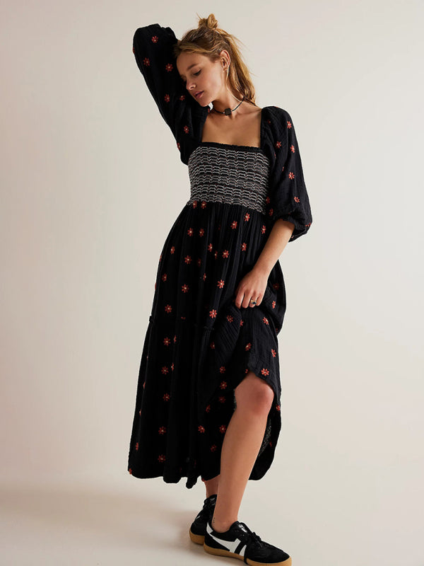 New casual black dress with embroidered square collar and sunflowers