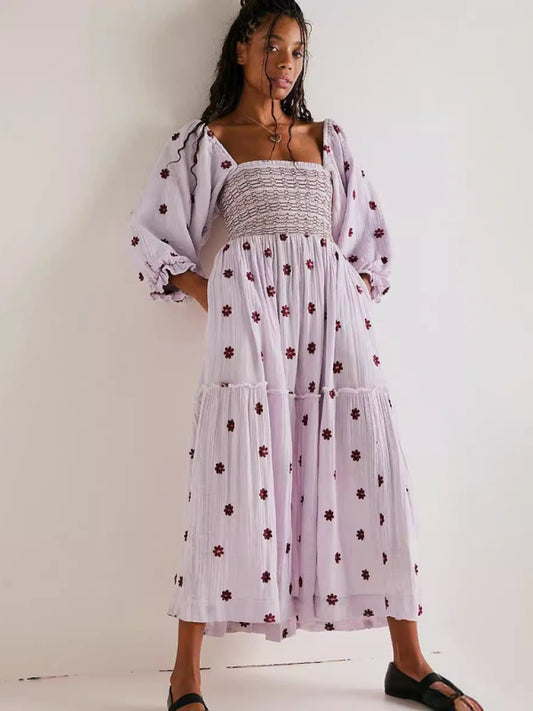 New casual embroidered square collar sunflower light purple dress