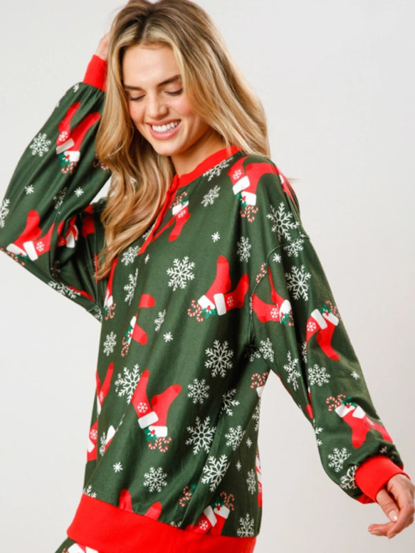 New Christmas Print Button Long Sleeve Two-piece Set Fashion Casual Home Clothes Set