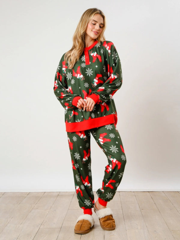 New Christmas Print Button Long Sleeve Two-piece Set Fashion Casual Home Clothes Set