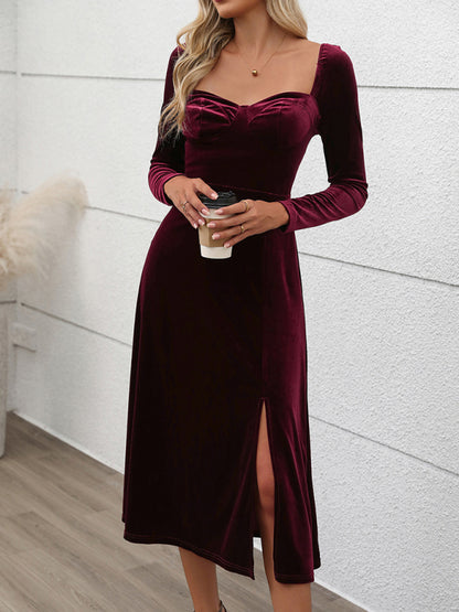 New style party velvet maxi dress autumn and winter dress slit dress