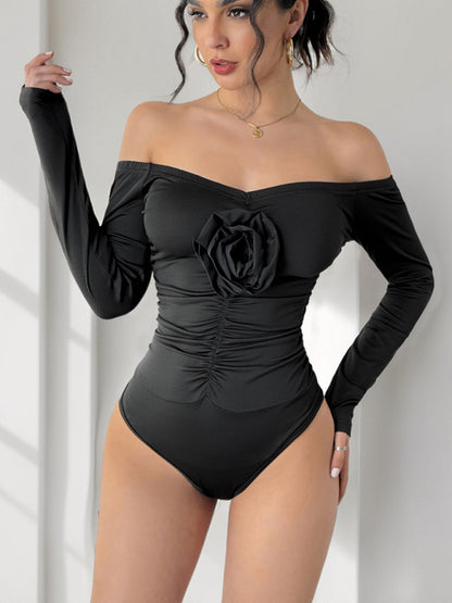 Off-shoulder sexy jumpsuit 3D flower one-shoulder slim bodysuit