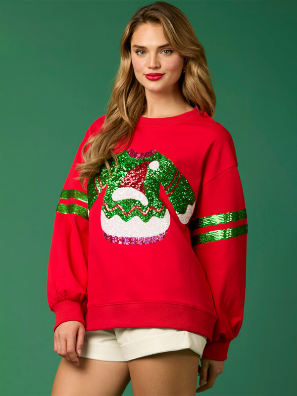 Christmas Sequins Round Neck Top Casual Sweatshirt