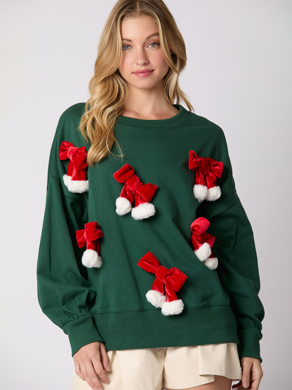 Christmas Bow Decoration Top Casual Long Sleeve Pullover Sweatshirt