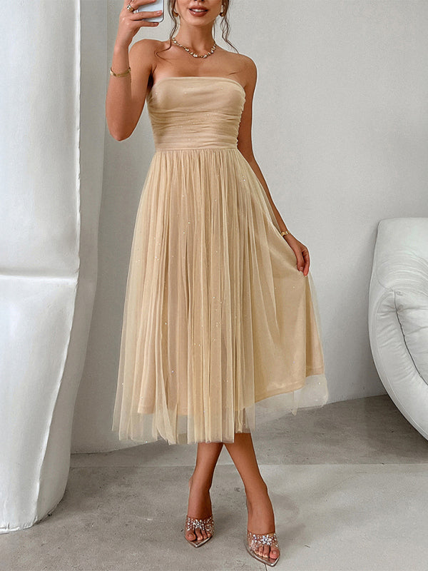 Strapless high waist mesh midi evening dress