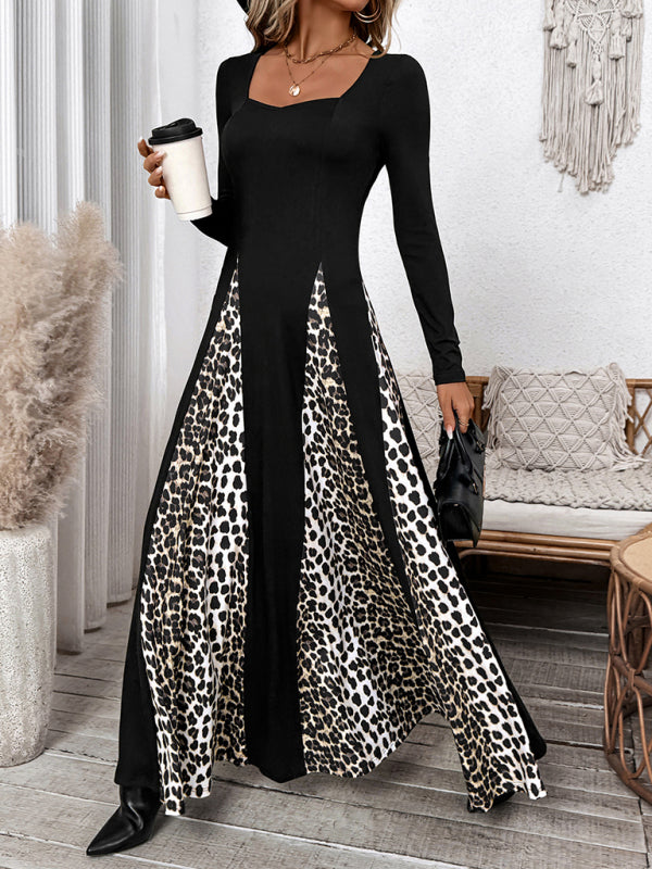 New leopard print stitching retro high waist long sleeve wide leg dress