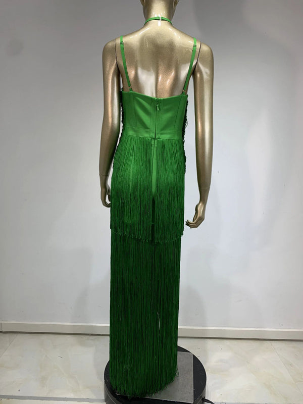 Nuevo vestido largo verde con cuello halter y dobladillo con flecos para cenas de fiesta 