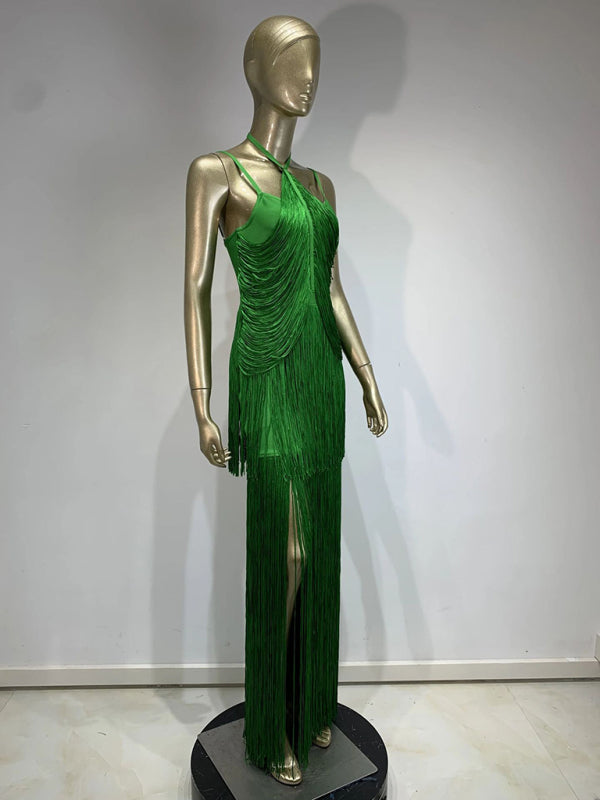 Nuevo vestido largo verde con cuello halter y dobladillo con flecos para cenas de fiesta 