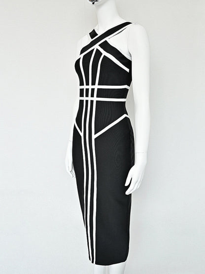 Halter Neck Contrast Black and White Geometric Bandage Long Dress Slim Retro Stretch Dress