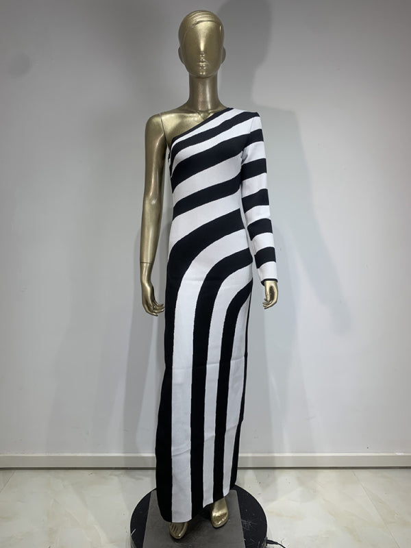 Zebra Print One Shoulder Long Sleeve Bare Leg Bandage Dress Banquet Party Dress