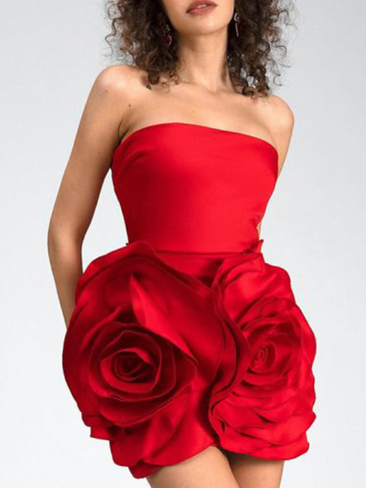 Women's Sexy Evening Dress Tube Top Three-Dimensional Rose Flower Dress