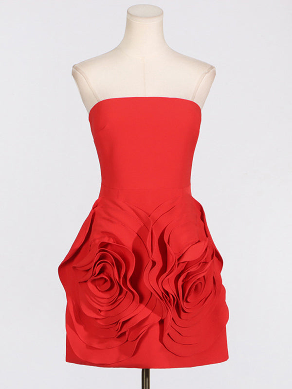 Women's Sexy Evening Dress Tube Top Three-Dimensional Rose Flower Dress