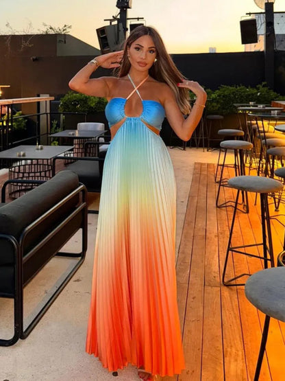 Gradient color halter neck pleated fashion long skirt ladies beach holiday dress