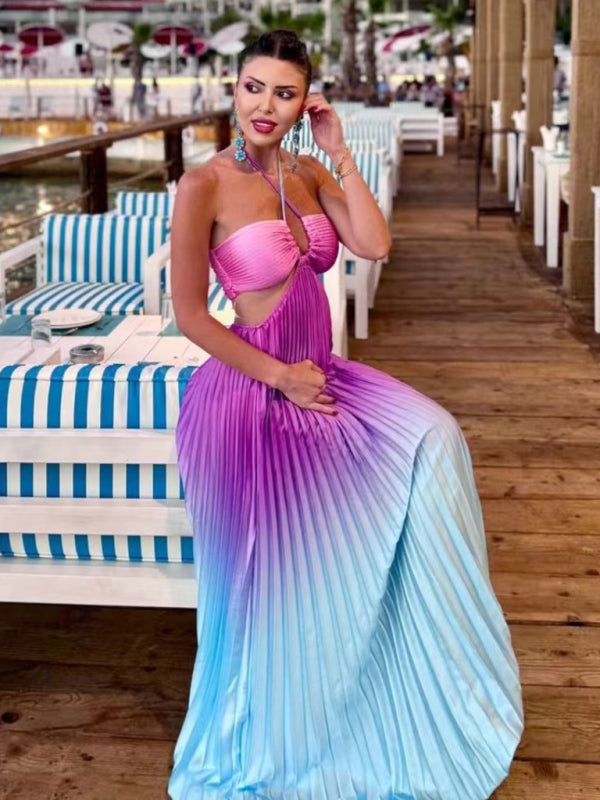 Gradient color halter neck pleated fashion long skirt ladies beach holiday dress