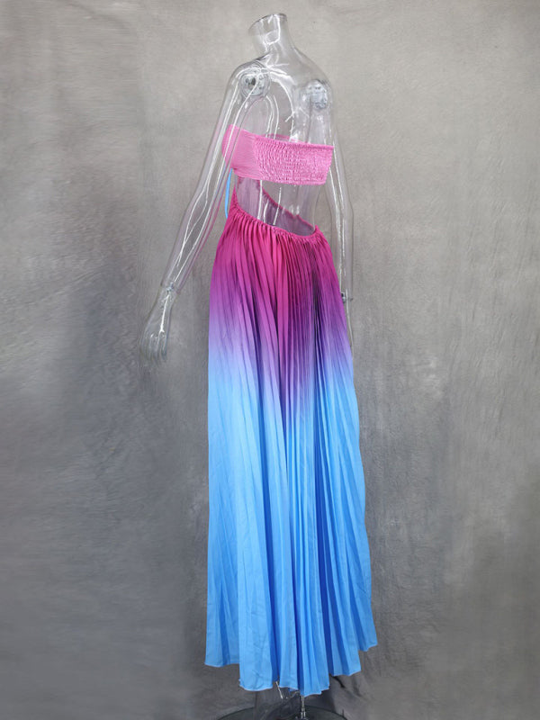 Gradient color halter neck pleated fashion long skirt ladies beach holiday dress