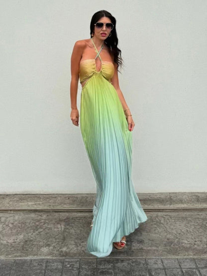 Gradient color halter neck pleated fashion long skirt ladies beach holiday dress