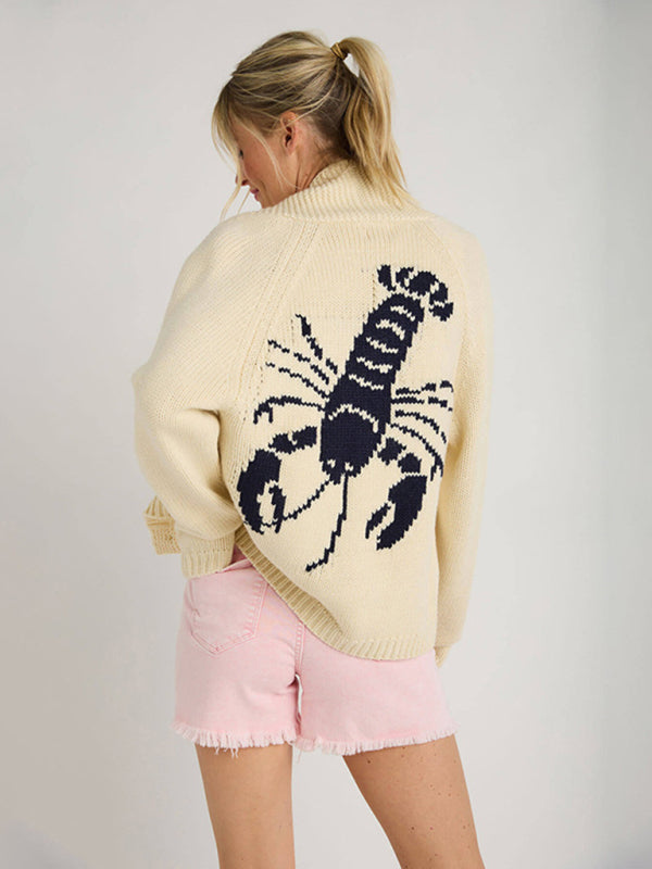 New Sweater Single-Breasted Long-Sleeved Lobster Print Knit Cardigan