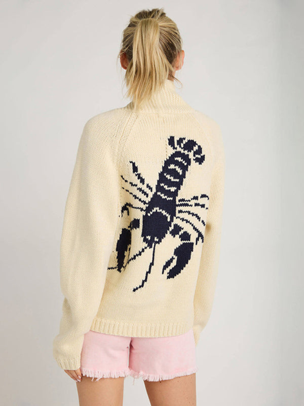 New Sweater Single-Breasted Long-Sleeved Lobster Print Knit Cardigan