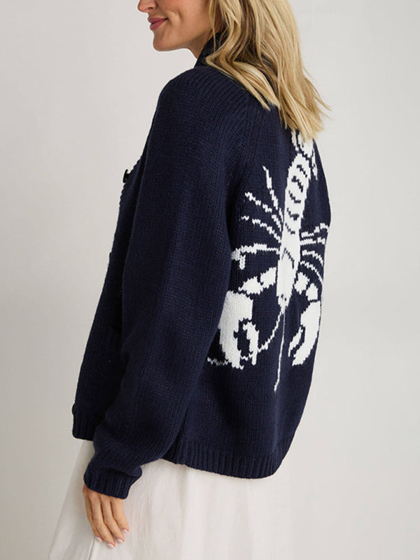 New Sweater Single-Breasted Long-Sleeved Lobster Print Knit Cardigan